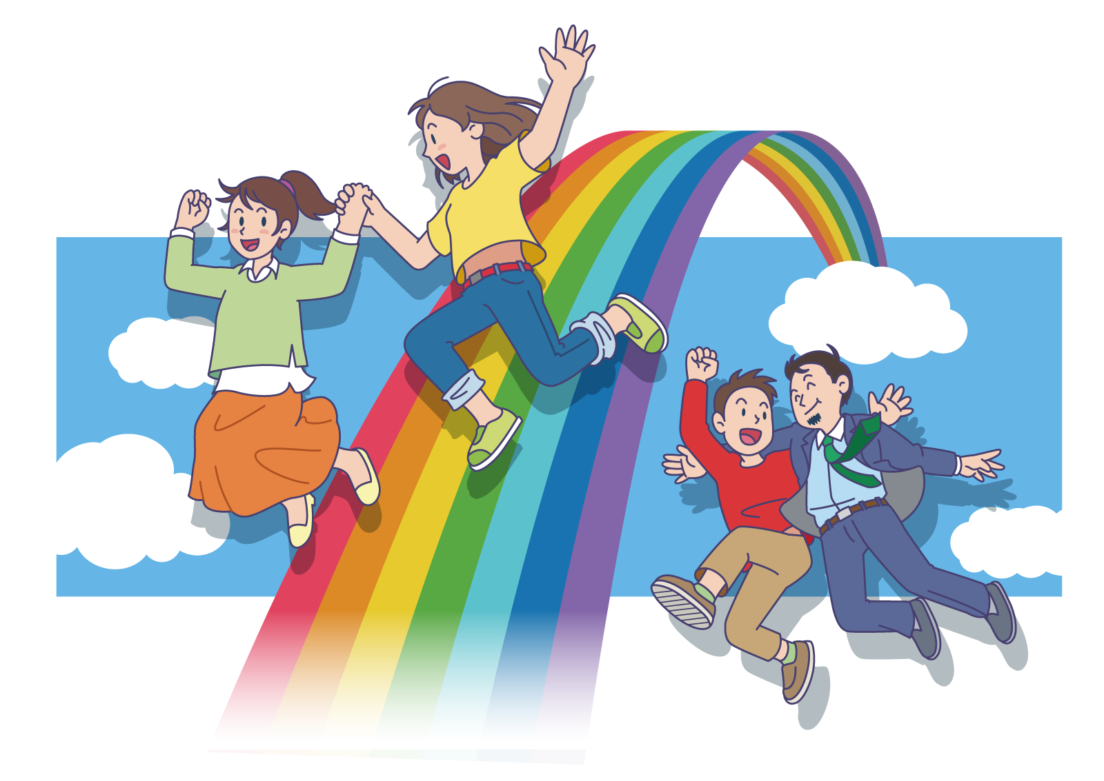 虹を笑顔で飛び越える家族画像