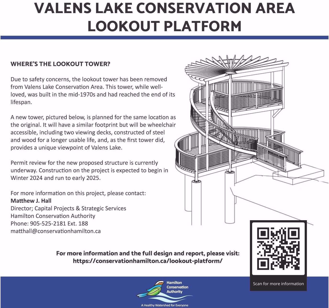The image shows a line drawing of the proposed observation deck that will be built at valens lake. There is text to the left of the image. The text informs that the old tower was built in the mid-1970s and was demolished. The new tower is planned for the same location as the original, and will be wheelchair accessible including two viewing decks constructed of steel and wood. The construction should begin in Winter of 2024 and run to early 2024. 