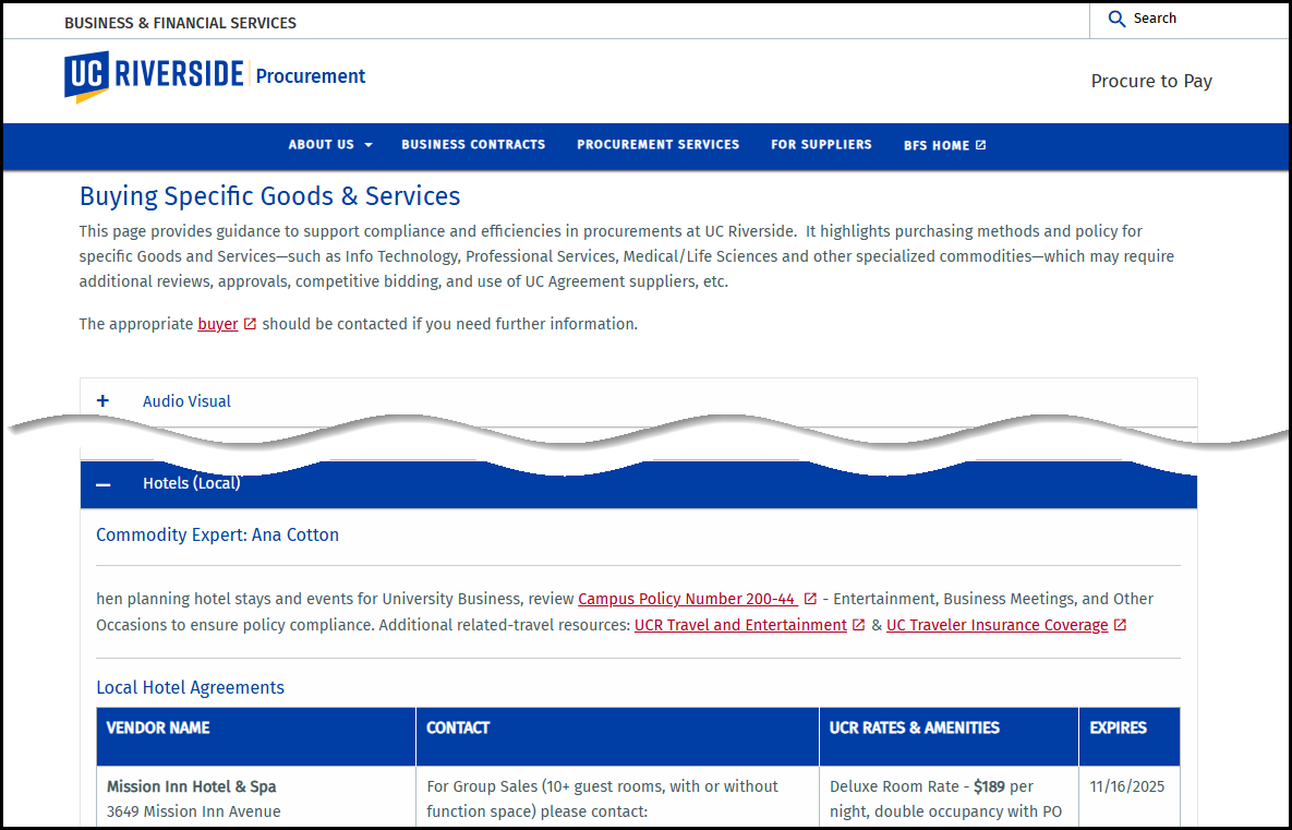 Screen capture of Procurement Webpage showing the Buysing Specific Goods & Services page with a portion of the Hotels (local) section open.