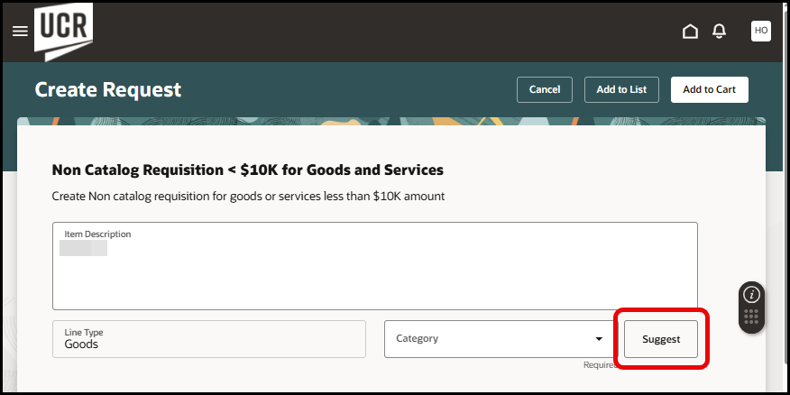 Screen capture of Create Request page for Requisitions with new Suggest button circled in red