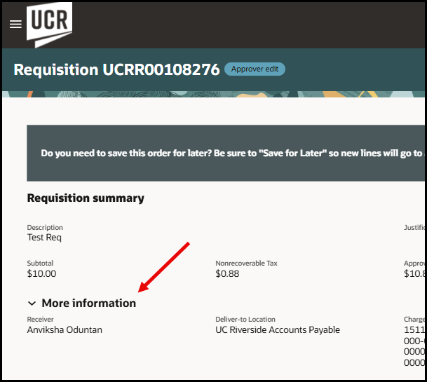 Screen capture of the Requisition Summary section with red arrow pointing towards expanded "More information" section