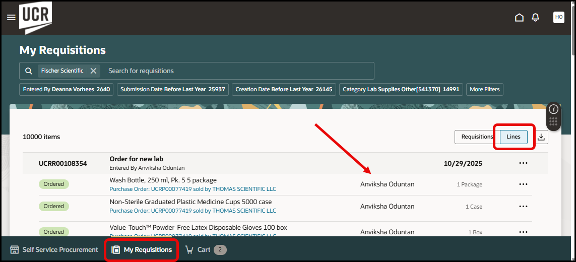 Screen capture of My Requisitions page with the page tab circled in red, the Lines view toggle circled in red, and a red arrow pointing towards the assigned buyer. 