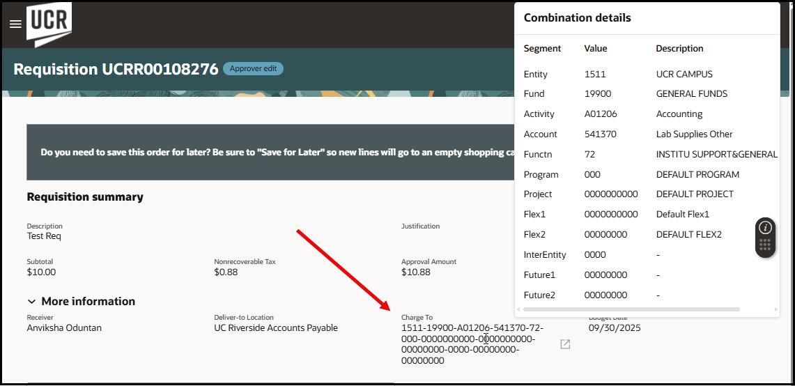 Screen capture of My Requisitions page with the mouse hovering over the Charge To field in the "More information" section so that the combination details pop-up displays. 