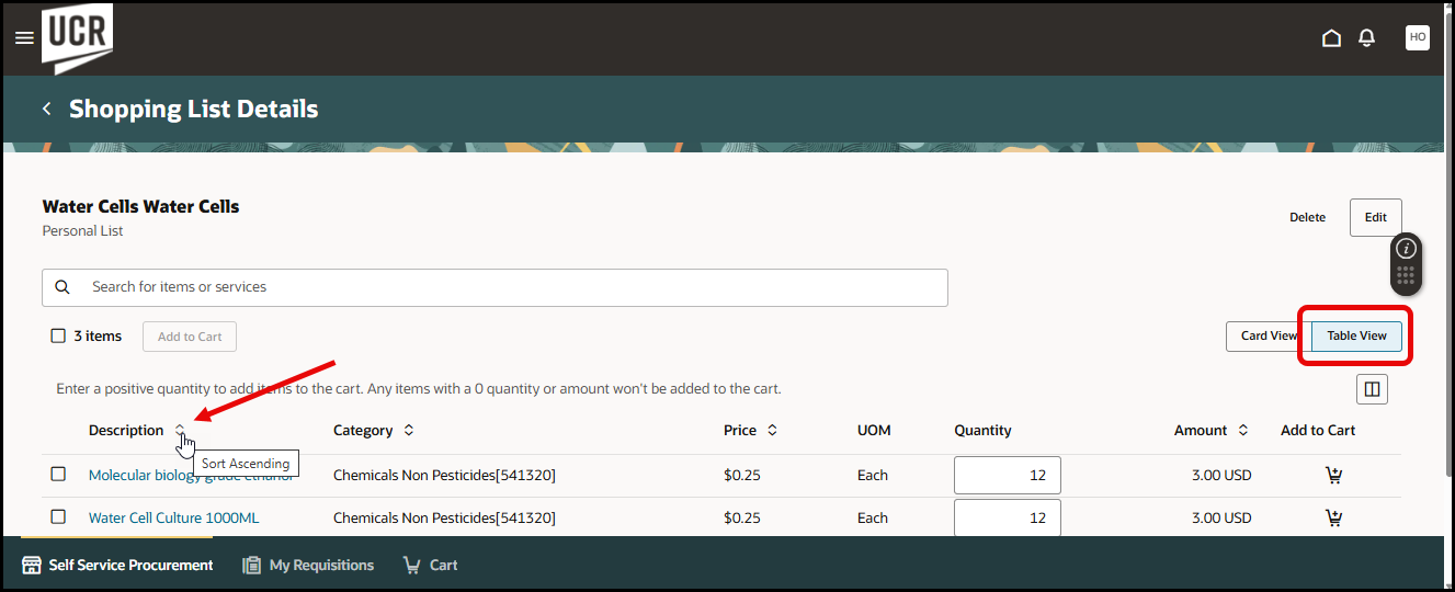 Screen capture of Shopping List page in table view with circle arround table view toggle, and red arrow pointing towards the sort icons in the column headers. 