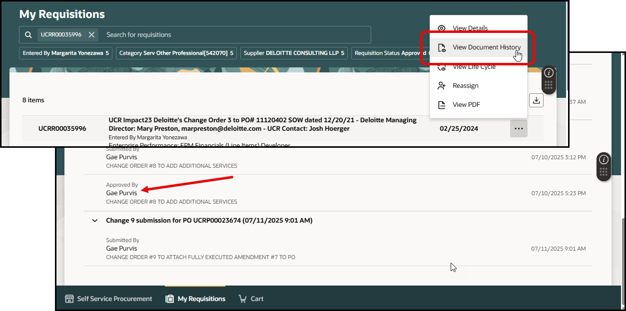 Screen captures of viewing document history of a requisition with "View Document History" circled in red.  A red arrow points towards the PO approval information.