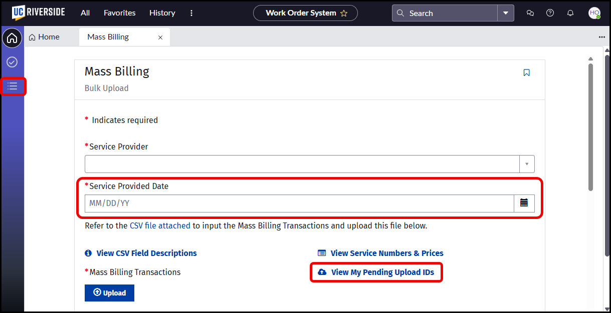 Screen capture of Mass Billing page with updates circled in red