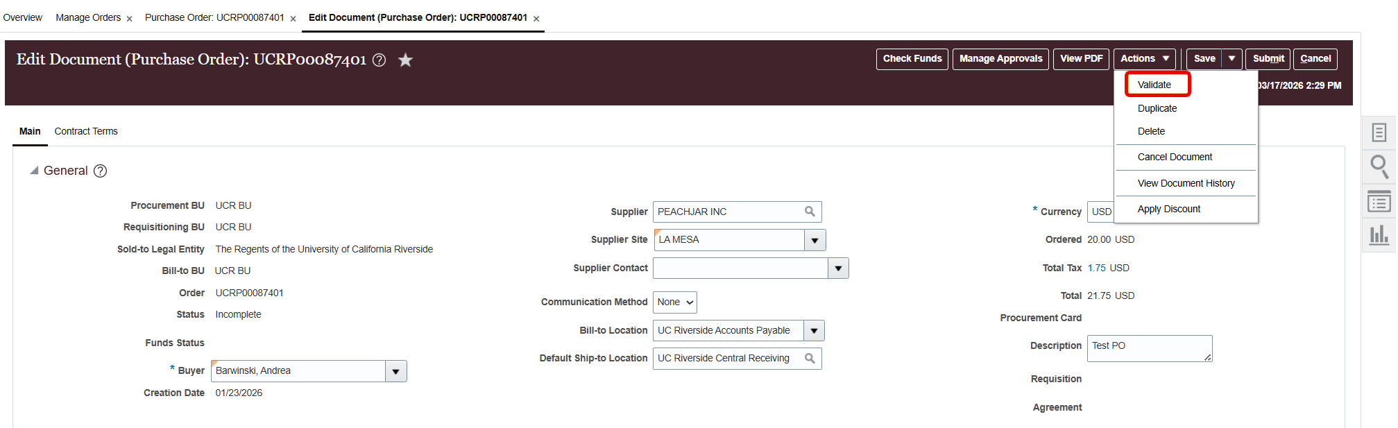 Screen Capture of Purchase Order with Validate button circled in red