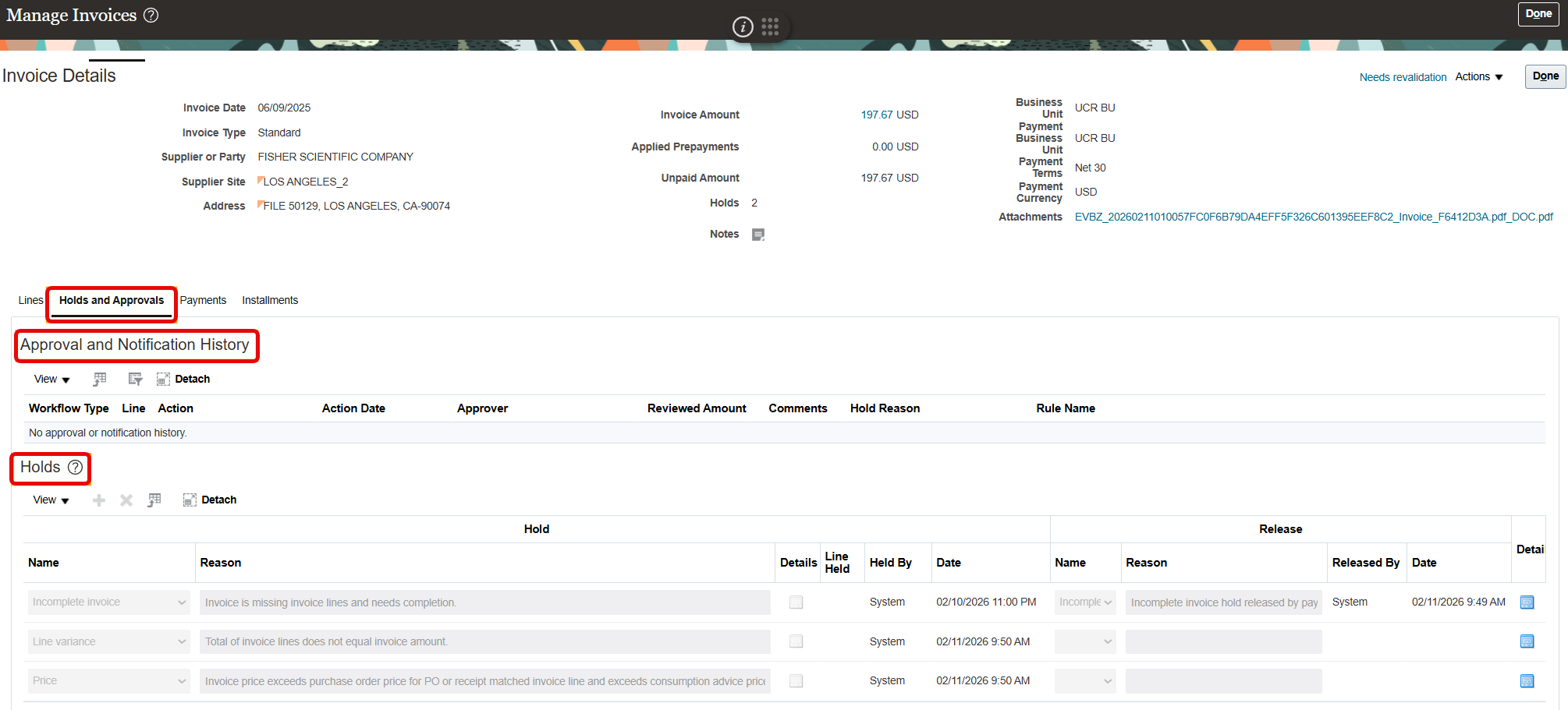 Screen capture of managing invoices page in Oracle Financials - Procurement with Holds and Approvals tab circled in red