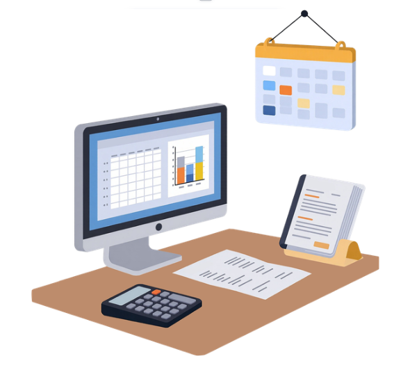 decorative image of desk with computer and calendar