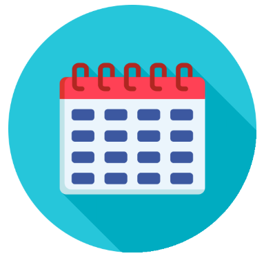 Decorative graphic with calendar and calculator with shadow infront of orange circle. 