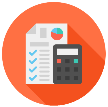 Decorative graphic with calendar and calculator with shadow infront of orange circle. 