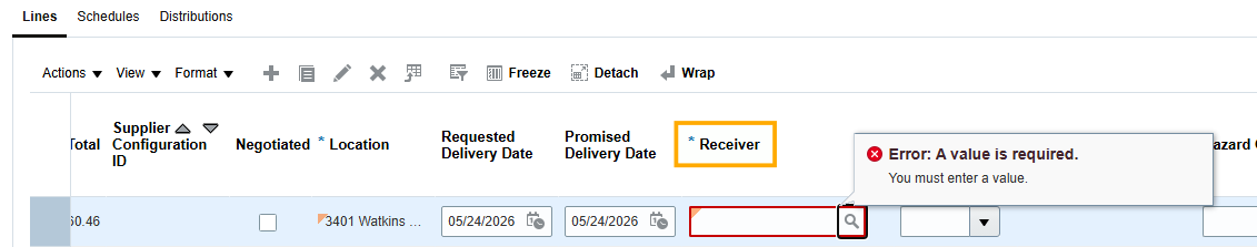 Screen capture of empty Receiver Field showing an error