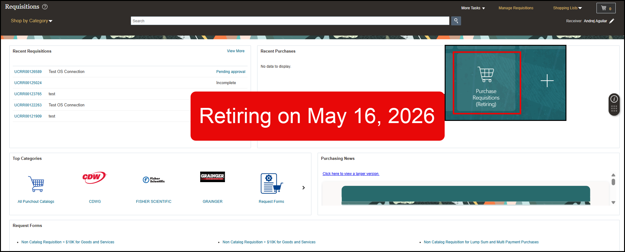 Screen capture of the classic requisitions page within Oracle Financials, as well as a screen capture of the "Purchase Requisitions (Retiring)" tile circled in red. In the center "Retiring on May 16, 2026" is displayed in white text on a red box. 