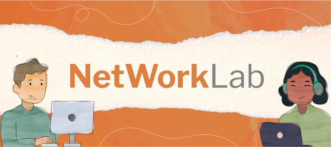 Network Lab logo on an orange background with drawings of people on their computers