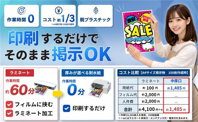 印刷するだけでそのまま掲示OK　作業時間セロ、コスト約1/3、脱プラ
