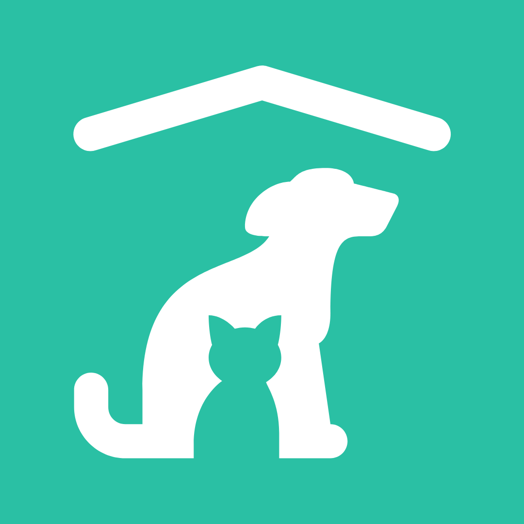 White outline of a cat and dog under a shelter graphic on teal background