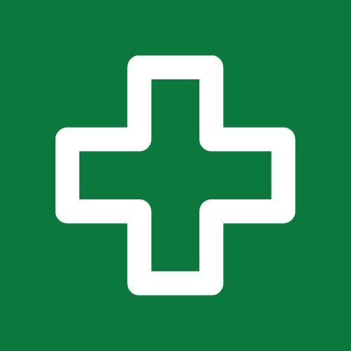 White outline of a medical cross graphic on green background