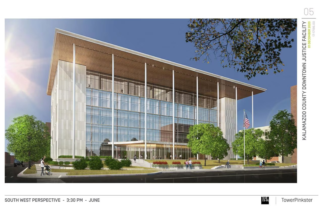 Architectural rendering of a future completed Downtown Justice Center