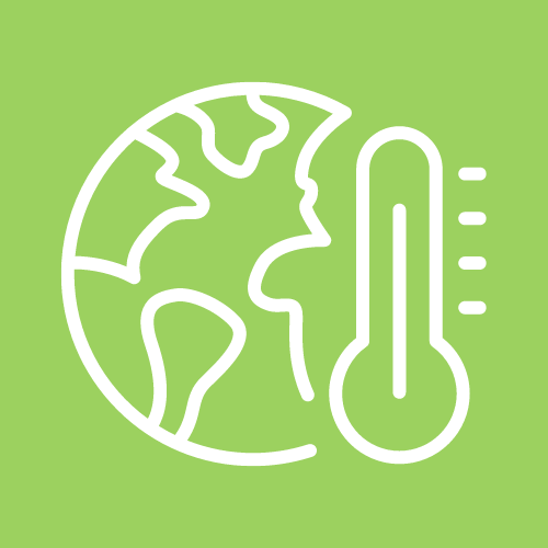 White outline of the Earth with a thermometer graphic on lime green background