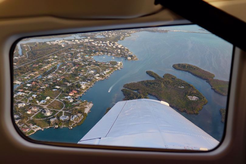 View of waterfront community from airplane window