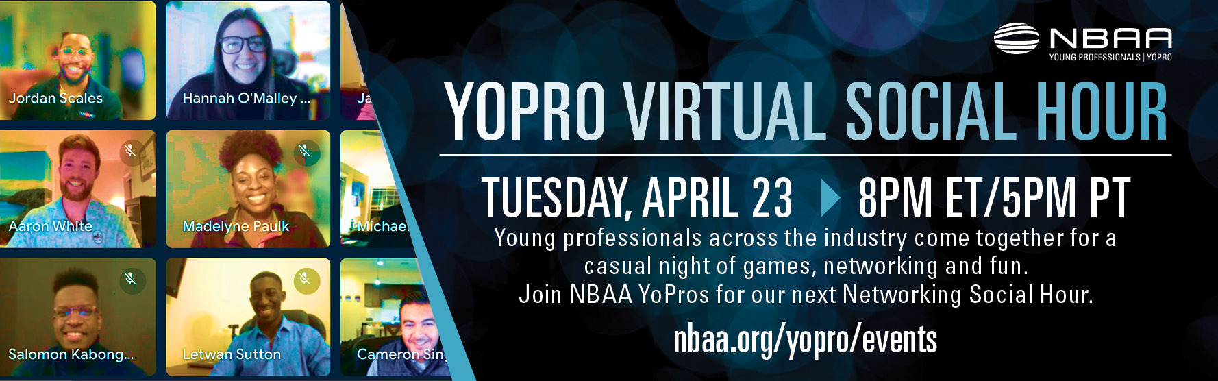 Graphic of multiple people on a video call with call out about the YoPro Virtual Social Hour 
