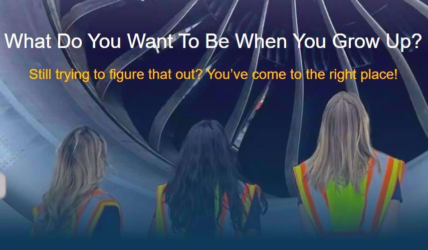 The backs of 3 ladies looking at the intake of an aircraft engine