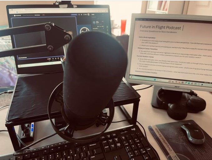 Photo of podcast equipment on a desk