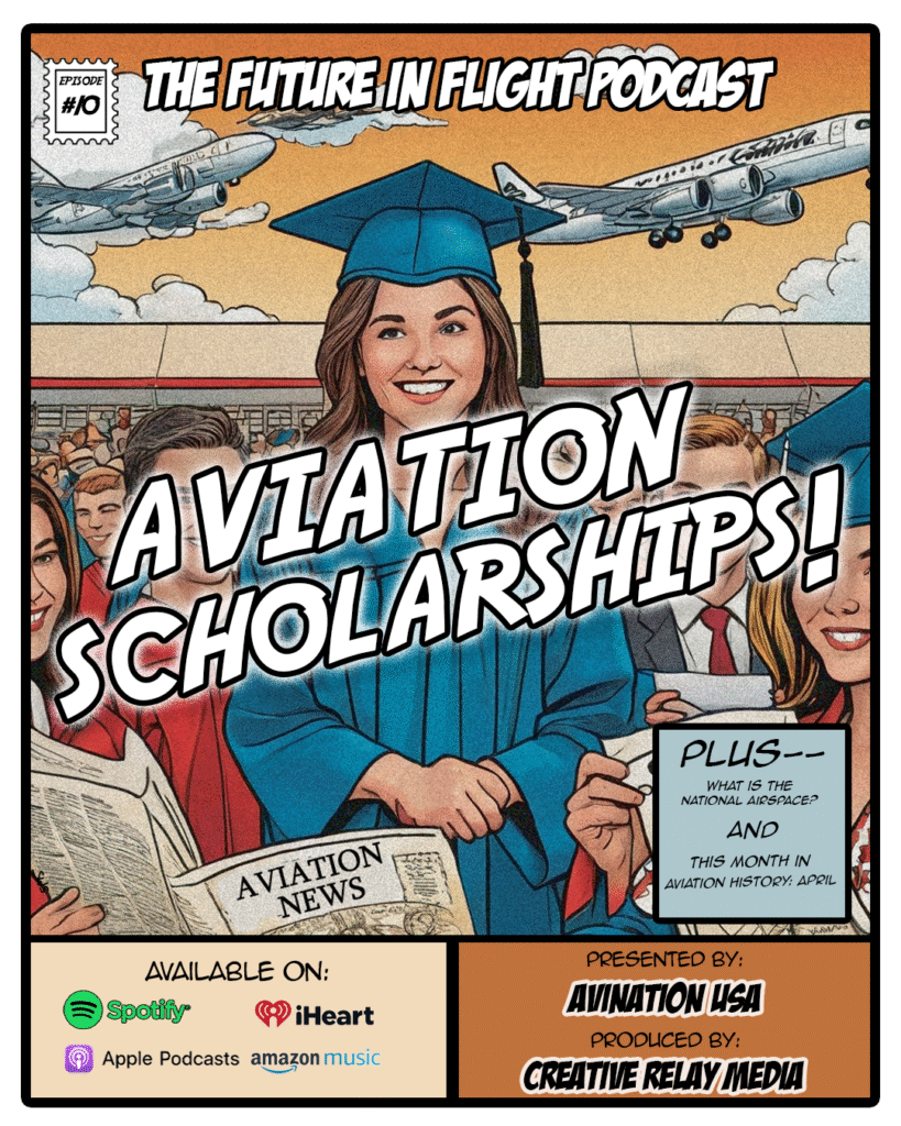 Cartoon drawing showing young woman in graduation cap and gown with Aviation Scholarship graphic