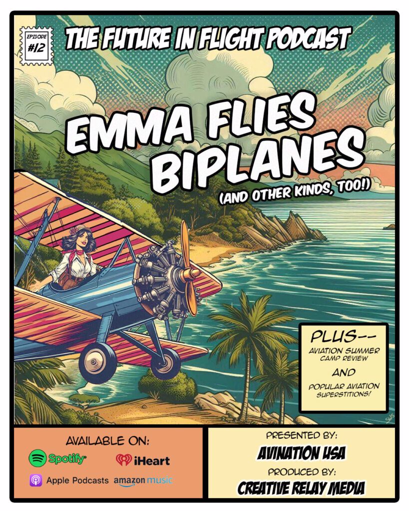 Graphic of female flying biplane over tropical island