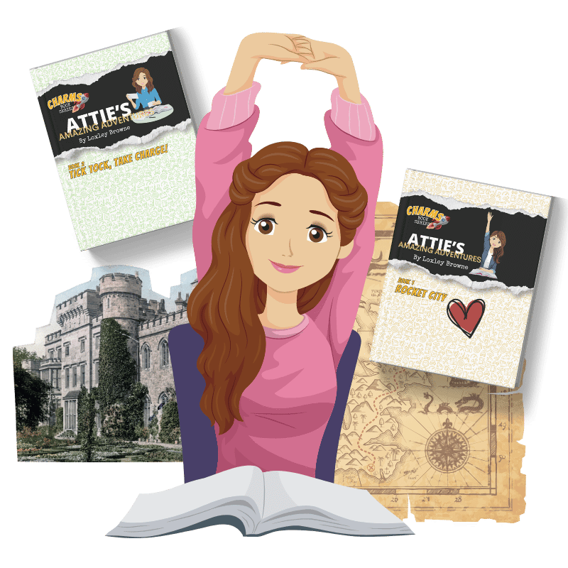 Graphic of girl raising her arms over books