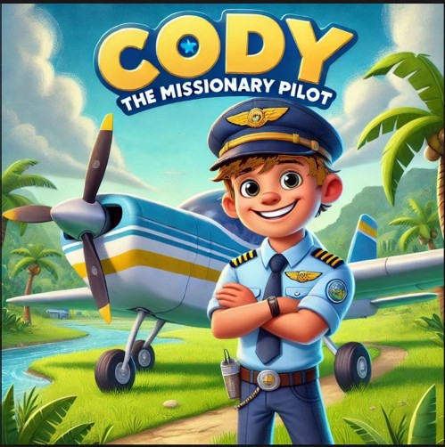 Cartoon graphic of pilot in front of his aircraft in tropical island
