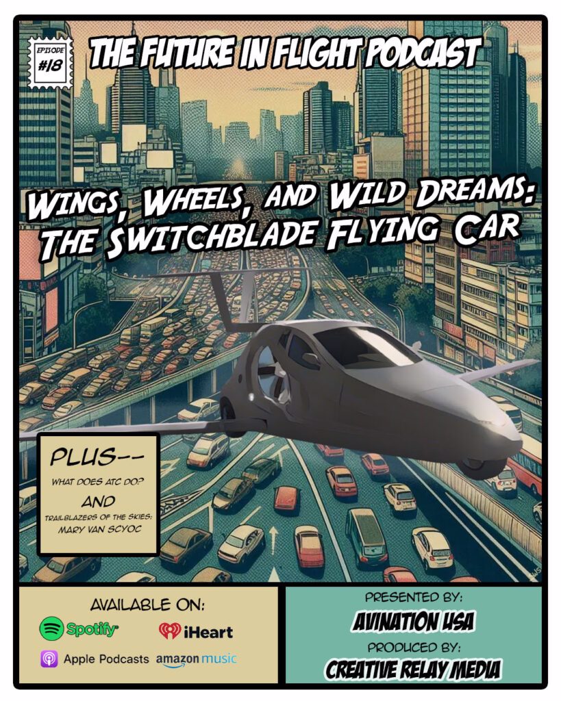 Graphic of futuristic aircraft flying over a city