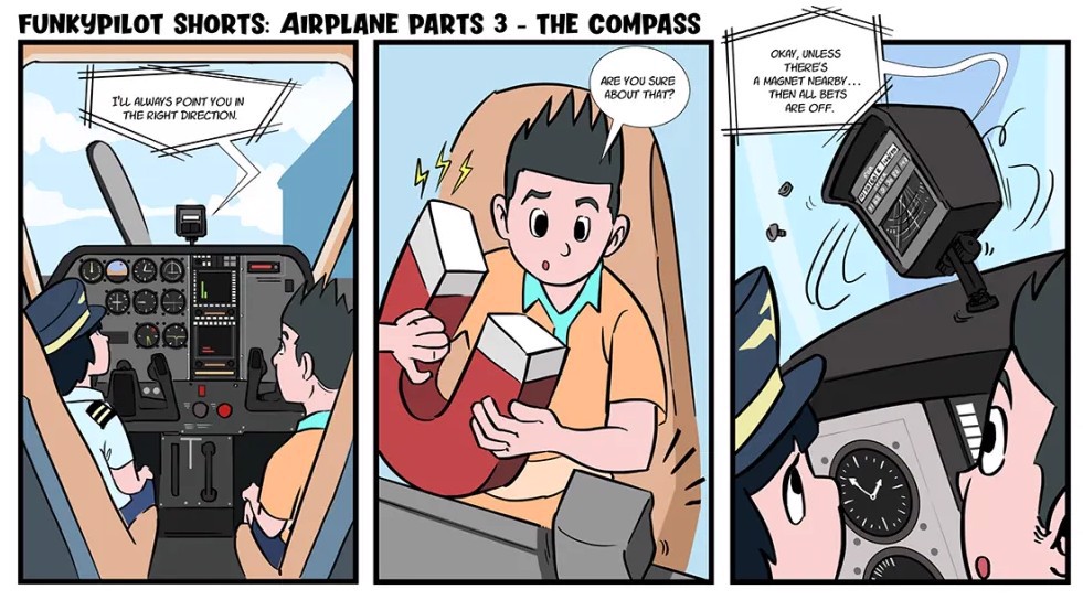 Cartoon of 2 pilots in the cockpit of an airplane with a prop 