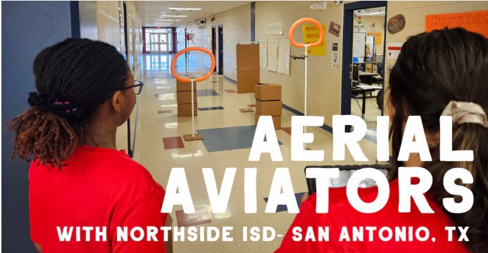 2 girls flying a drone with graphic for Aerial Aviators