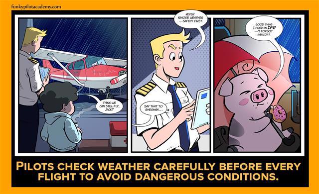 Cartoon of 2 pilots in the cockpit of an airplane with a prop 