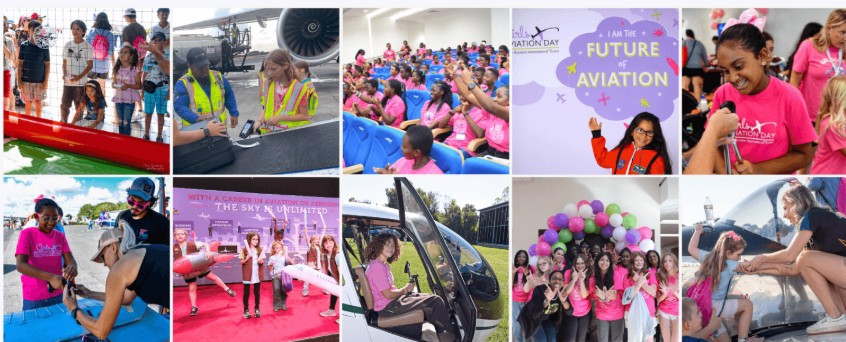Collage of girls in aviation activities