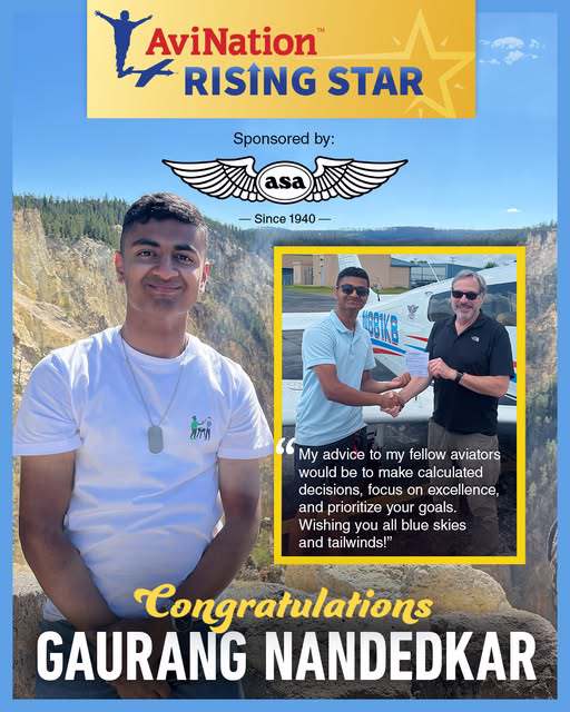 A graphic of a young man shaking hands with his instructor in front of a plane
