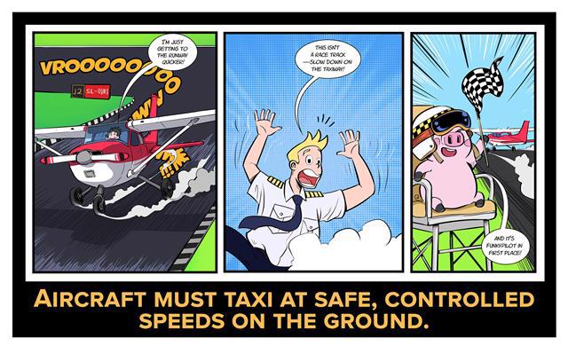 Cartoon of a speeding airplane taxiing