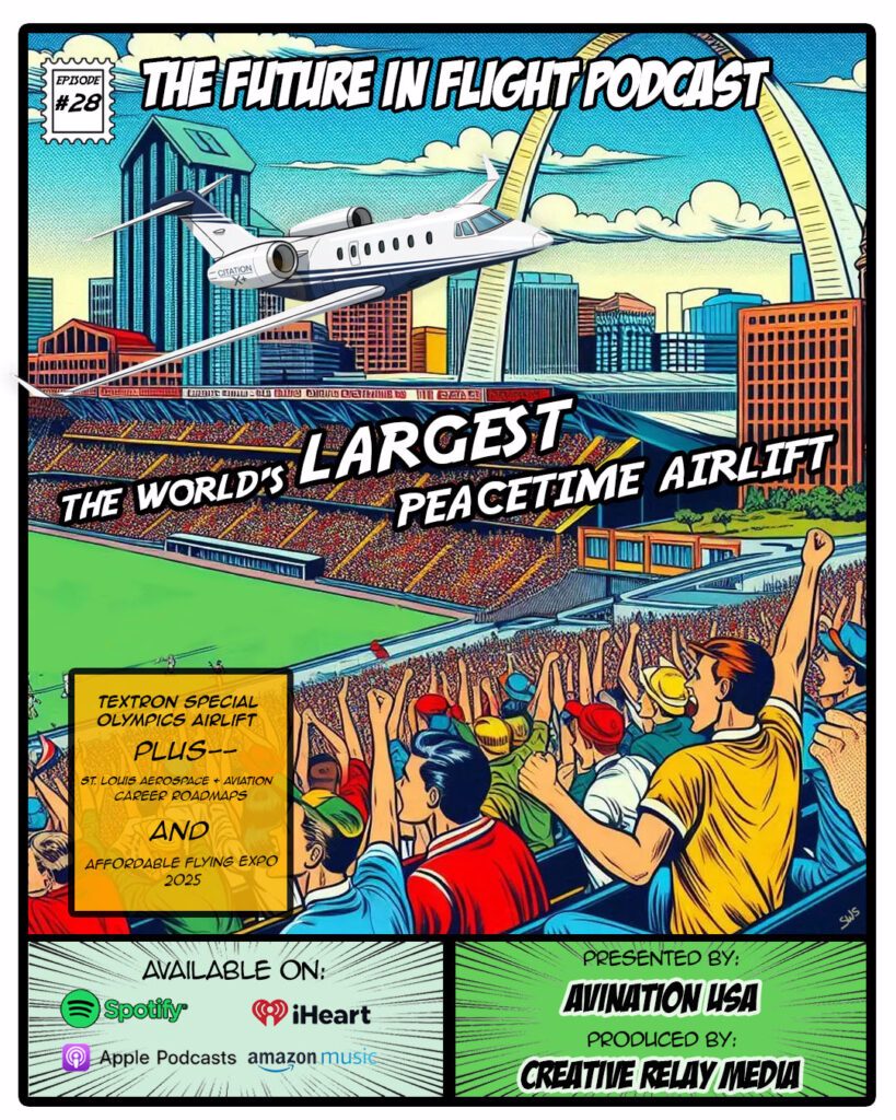 Graphic of plane flying ove stadium with people cheering