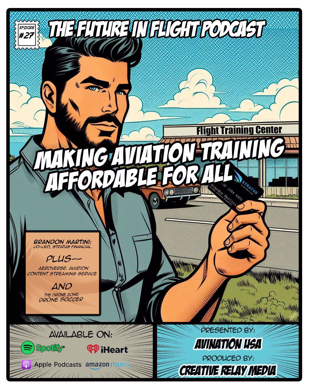Graphic of Man standing in front of Flight Training Center with credit card in hand