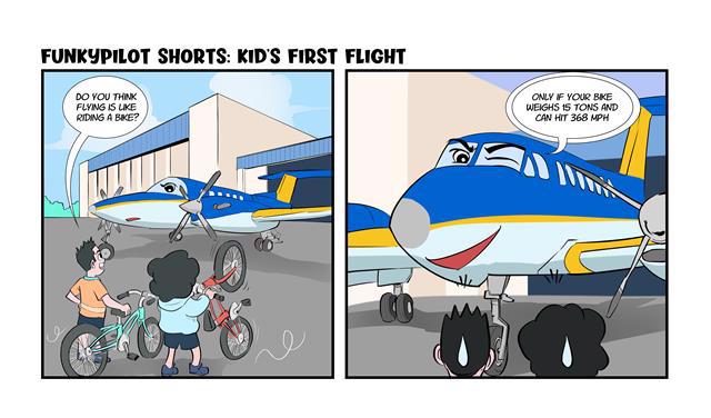 Comic strip of young kids on bikes speaking to airplane