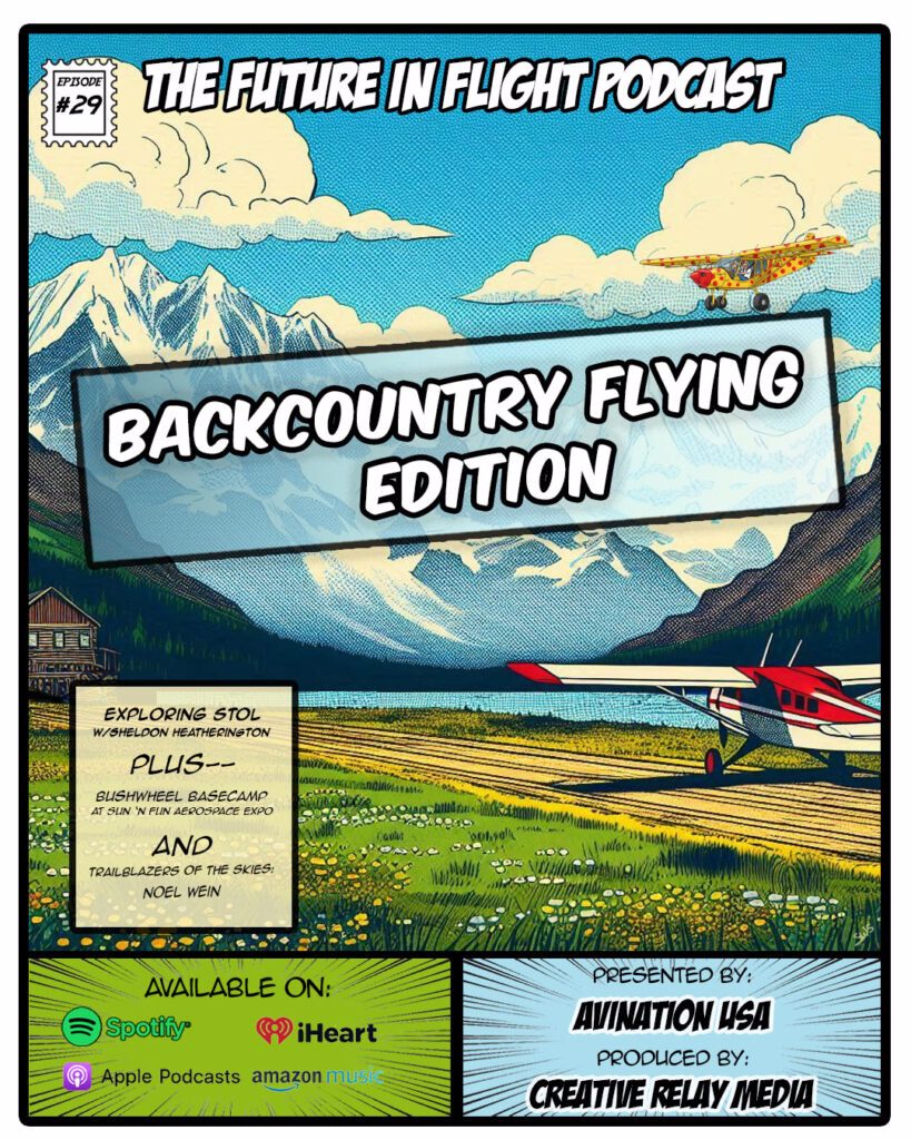 Graphic of plane waiting to take off on a remote airstrip with mountains in the distance