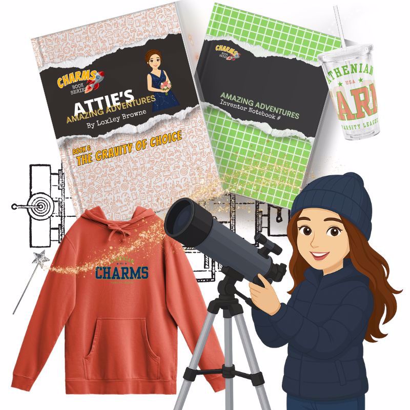 Graphic of a girl with a telescope in front of 2 books