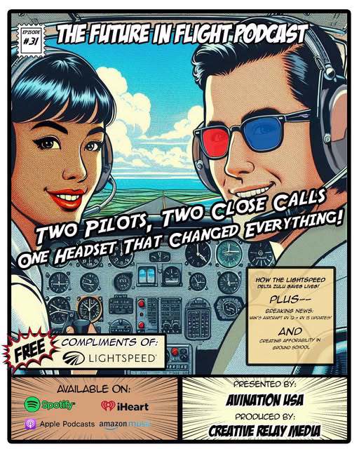 Graphic of a woman and man looking backward over their shoulders in a cockpit
