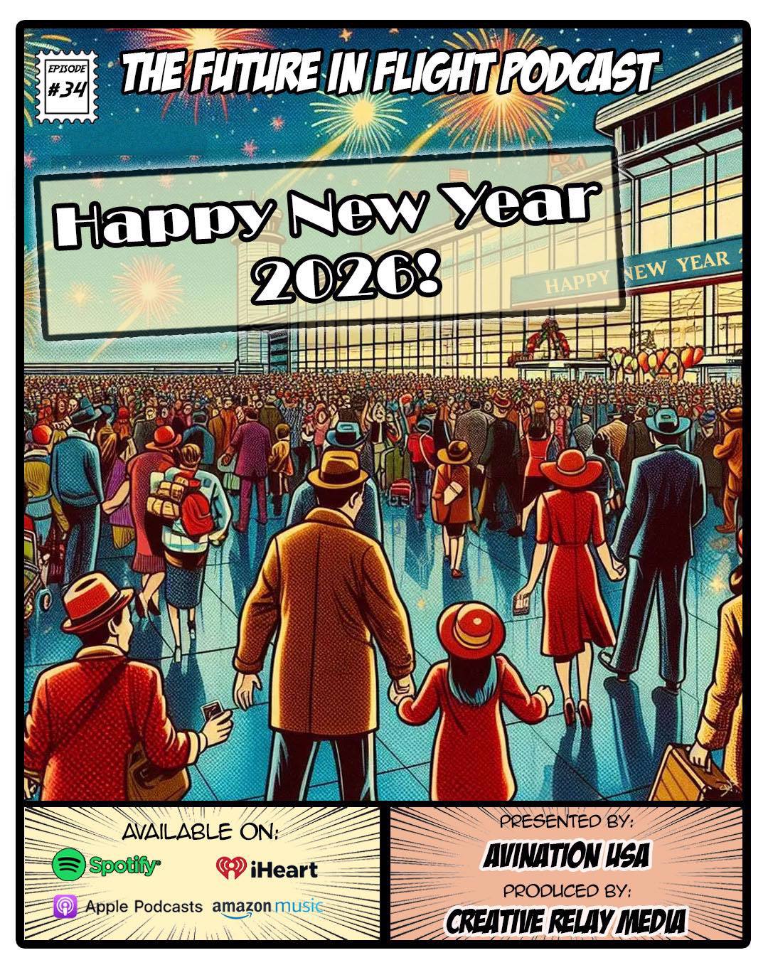 Graphic of people at urban airport celebrating the New Year