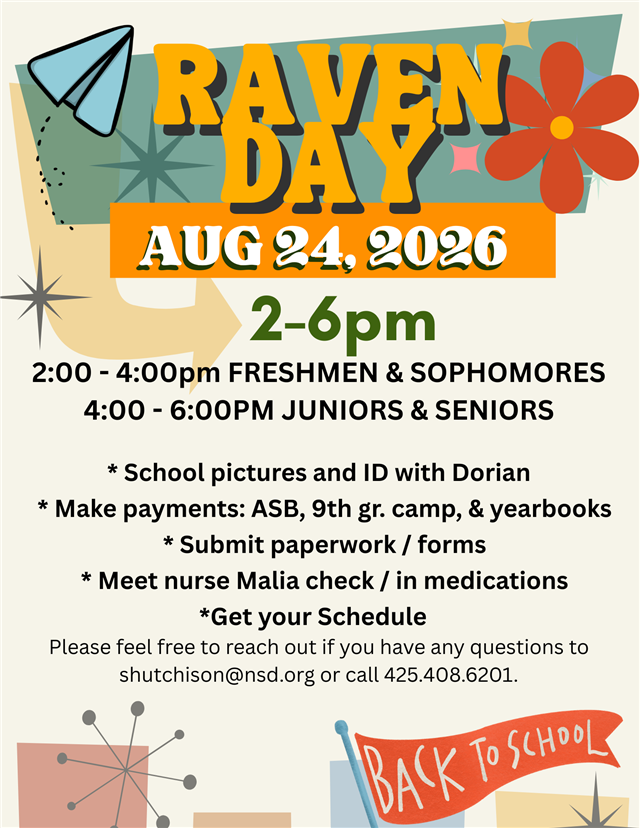 Flyer for 'Raven Day' on August 24, 2026, from 2:00 to 6:00 PM. Decorated with colorful retro graphics including a paper airplane, starbursts, a red flower, and a 'Back to School' banner.
