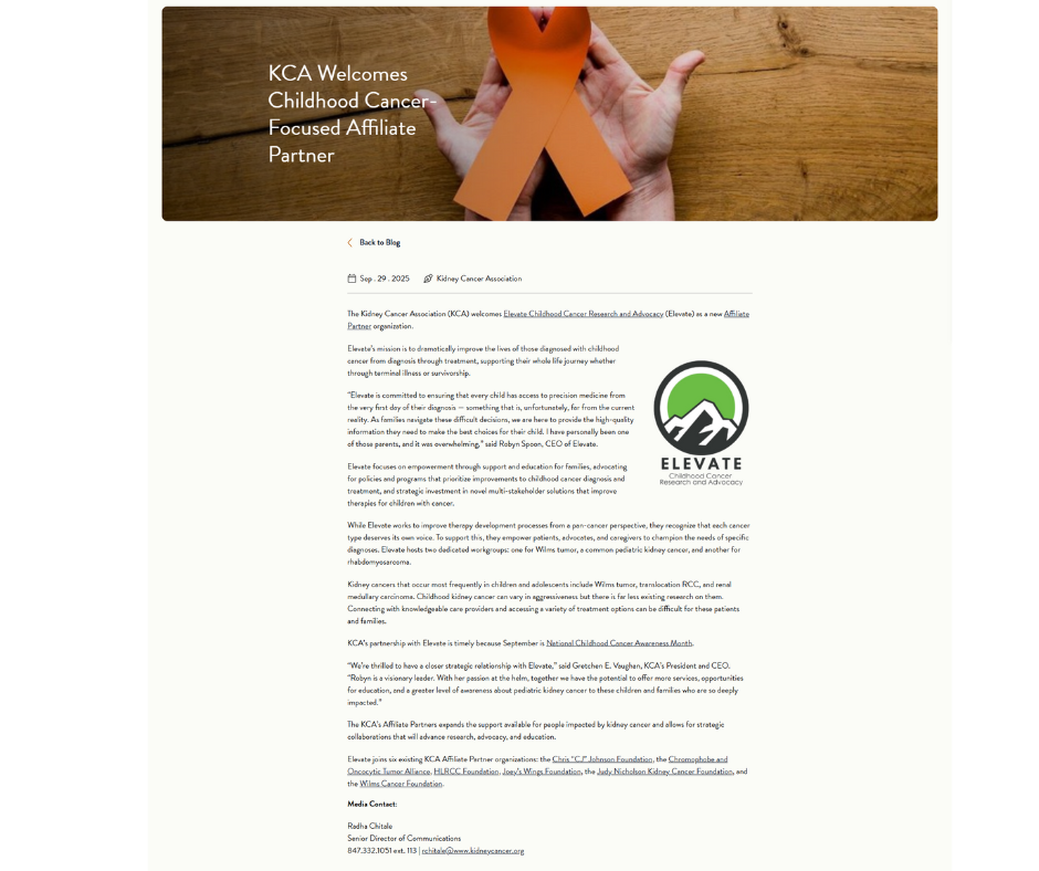 Announcement for KCA and Elevate Childhood Cancer's affiliate partnership