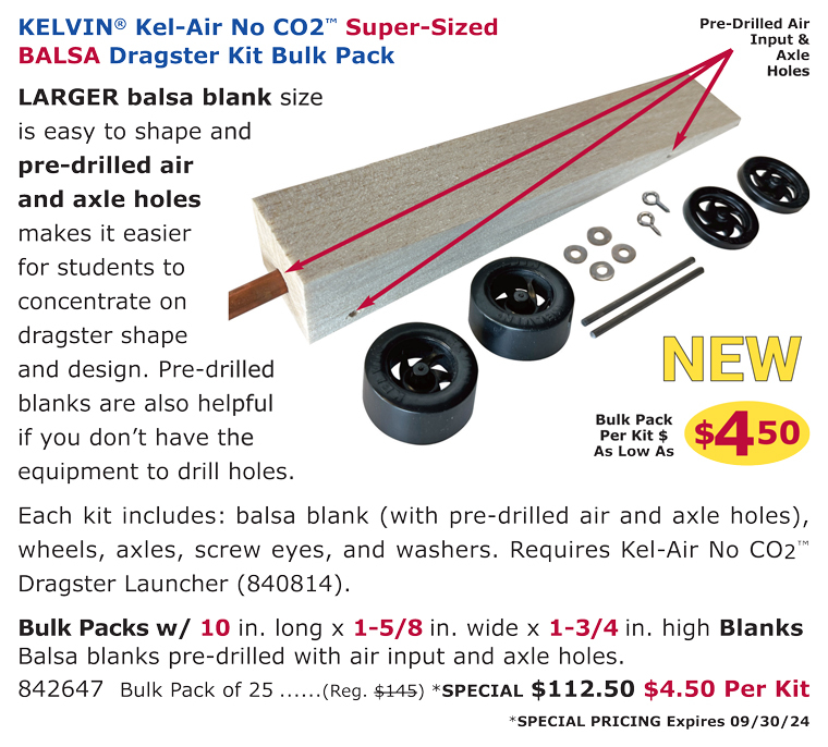 Kel-Air No CO2™ Super-Sized Balsa Dragster Kit Bulk Pack