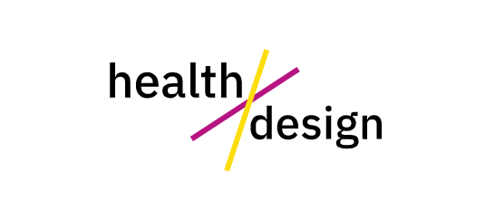 [Image Description: Text in black reads "health design". Between the two words are two intersecting lines - one sunflower yellow, the other a dark magenta.]