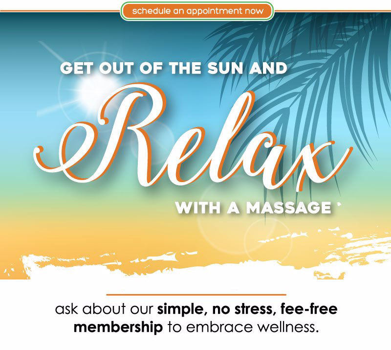Get out of the sun and relax with a massage! Massages starting at only $68 an hour for members and $88 an hour for guests. Ask about our simple, no stress, fee-free membership to embrace wellness.